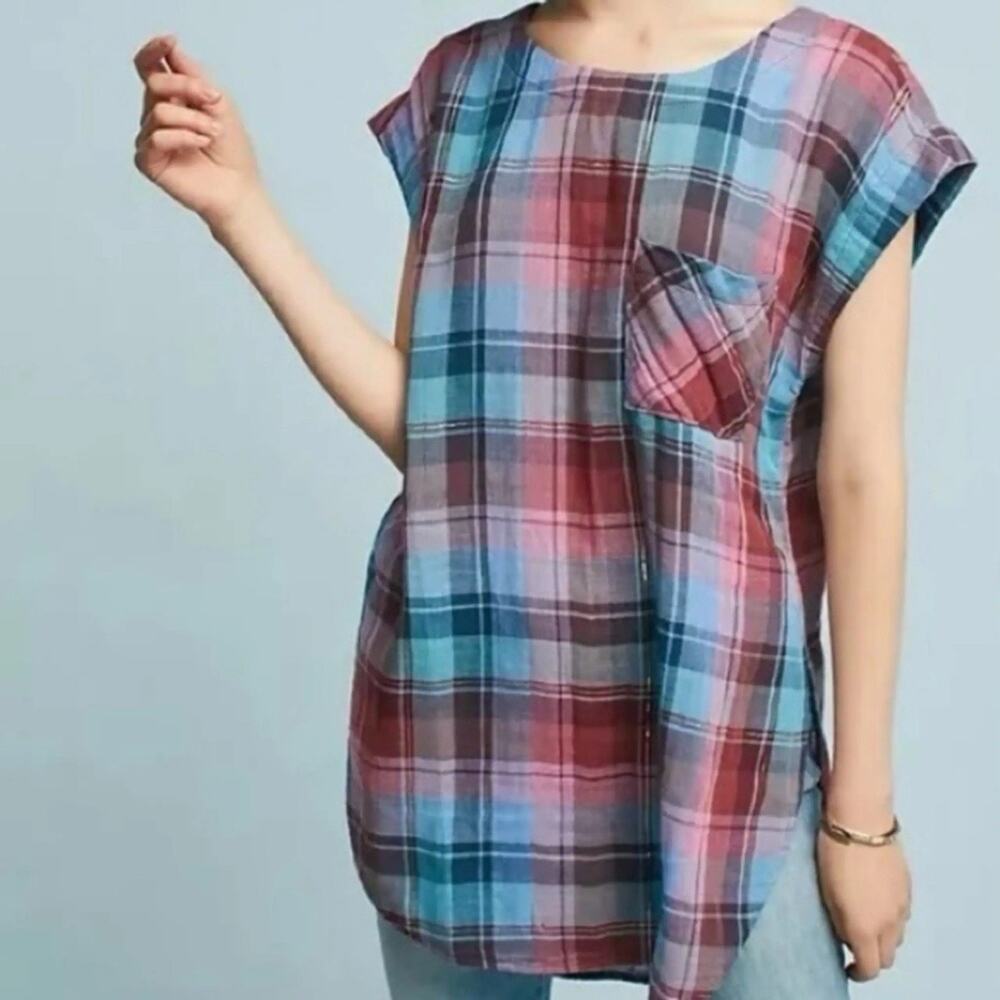 Anthropologie Akemi + Kin Cap Sleeve Gauze Plaid Tunic Top Pockets Size XS